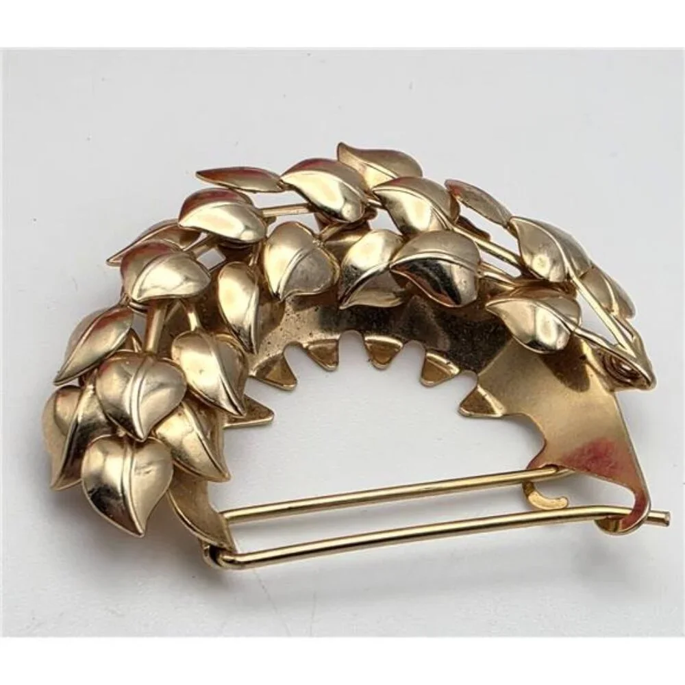 Vintage Gold Tone Half-Wreath Hair Clip Creeping Charlie Leaf Puff 2.25
